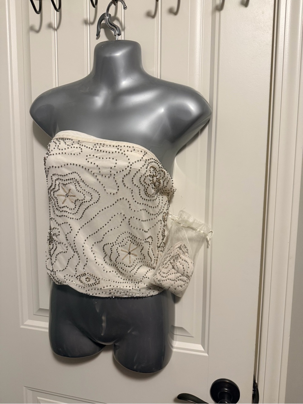 Women's Ivory Strapless Beaded Bandeau Top with scarf headband etc.
